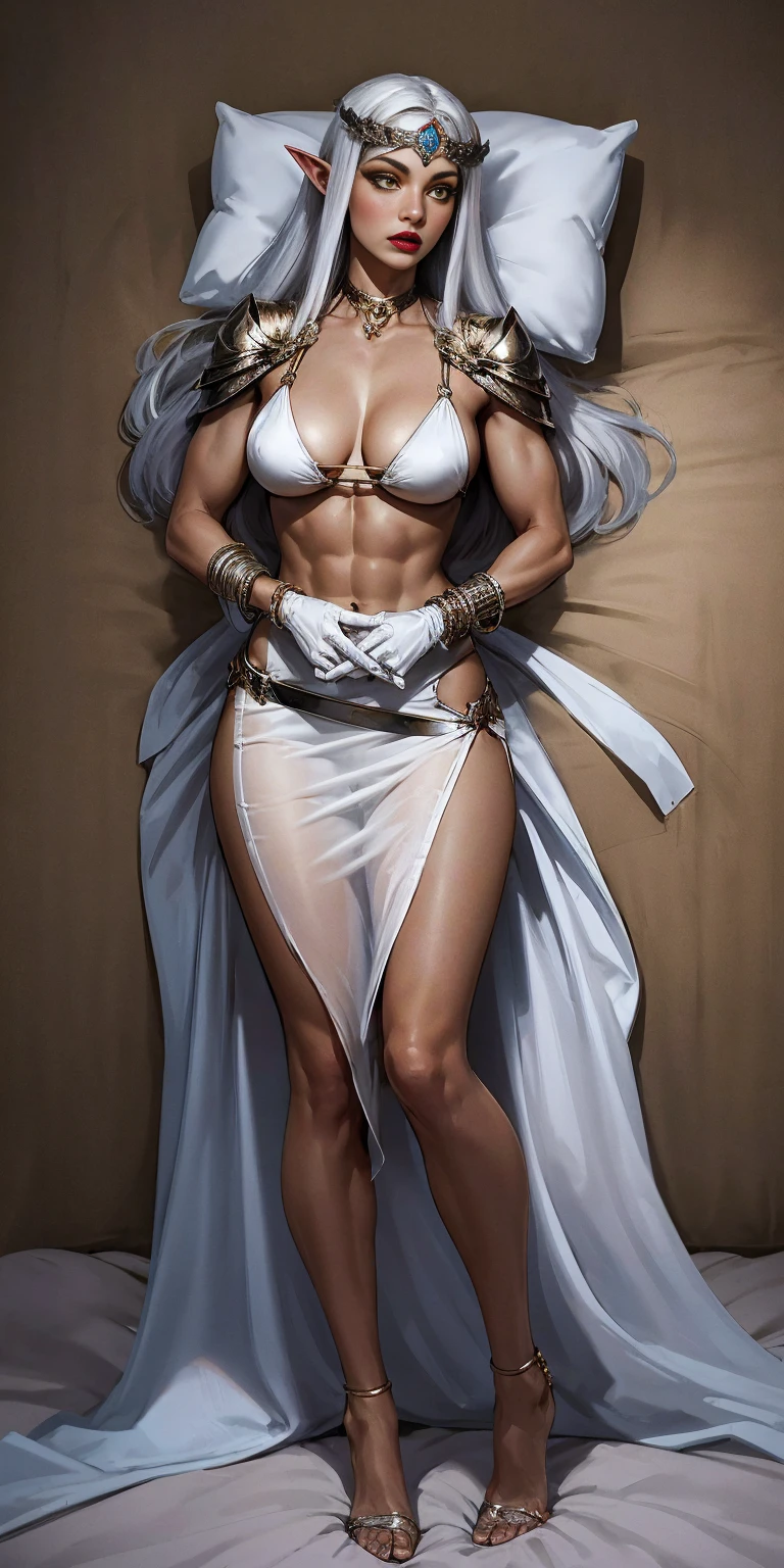 full body standing straight bareoot, long hair, triplets, holding hands on bed, sleeping together, superheroine micro bikini, SFW girl, CHEST COVER, super sexy. best quality, realistic photo, cowboy shot, bedroom background, bed, sheet, pillow (Lysithea von Ordelia) (yellow eyes) white hair, silver hair, very long hair, straight hair, solo, adult woman, tall, slightly muscular, large breasted, cleavage, constricted waist, toned body, slight abs, thin dark skin, pointy ears, lipstick, makeup, black eyeshadow, circlet, white short dress, jewelry, bracelet, white gloves