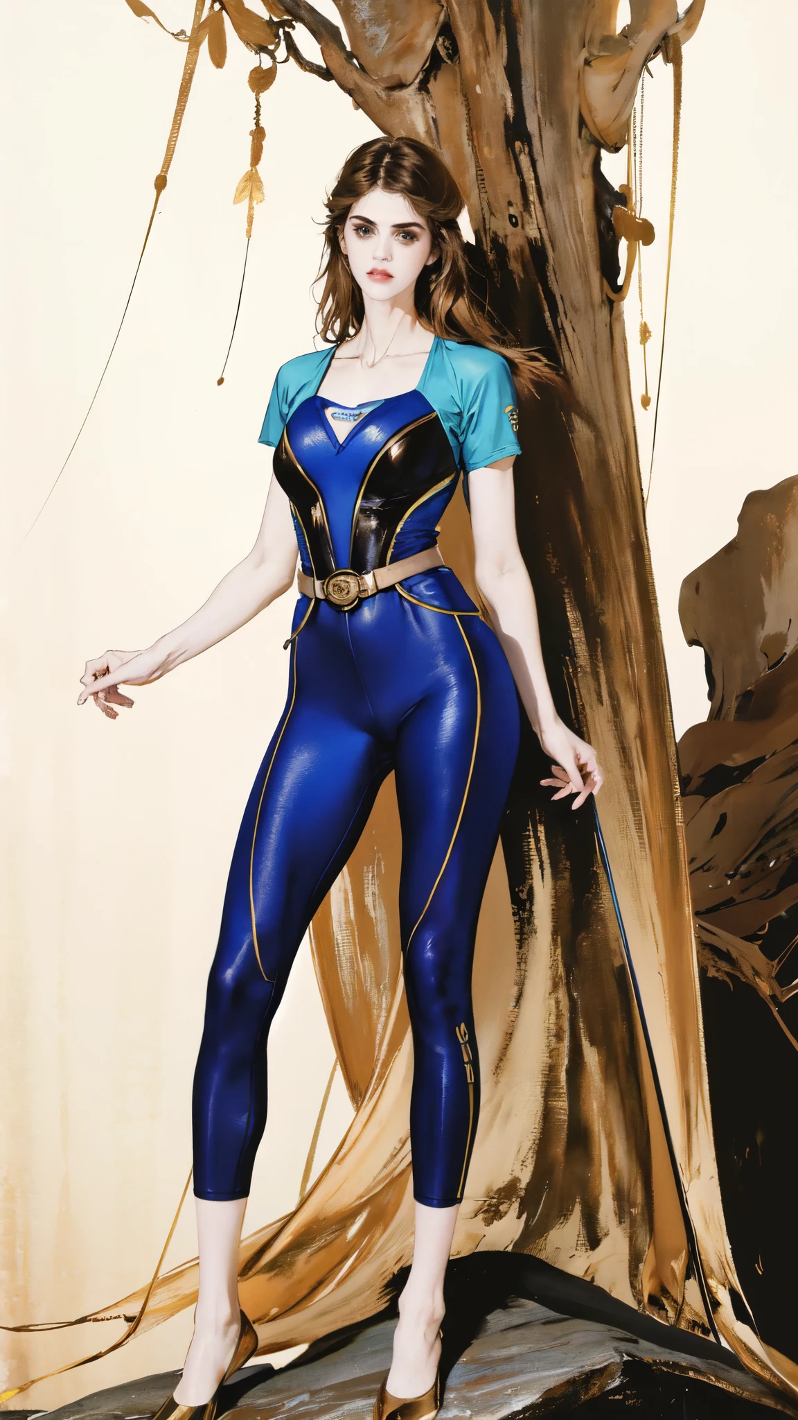 (masterpiece:1.2, best quality:1.2, extremely delicate:1.2), ((Alexandra Daddario:1.2)), a young women with long slightly curly brown hair, a well-defined face, intense eyes, a thoughtful expression, brown skin, tall and athletic build, a futuristic fantasy-style blue and black short-sleeved tight-fitting wetsuit, matching trousers, wrist guards, she sits leisurely on a seaside rock, this character embodies a finely crafted futuristic fantasy-style swimmer, exquisite and mature photography, photorealistic, goddess, feminine, porcelain skin, dramatic, high definition, highres, ultra-detailed, ultra-fine painting, professional, perfect body proportions, golden ratio, anatomically correct, symmetrical face, extremely detailed eyes and face, high quality eyes, creativity, RAW photo, UHD, 32k, Natural light, cinematic lighting, (masterpiece-anatomy-perfect:1.2)