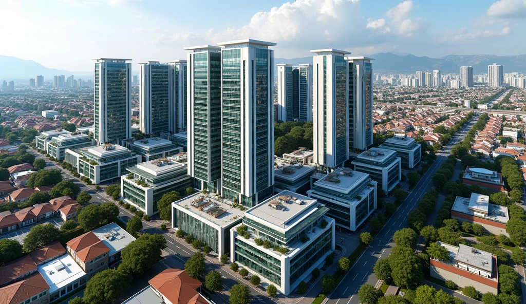 Generates a panoramic aerial view image of 16 office buildings, residential, Modern designed medium-sized hotels with a height of 120 meters in the city of Arequipa.
The buildings are the only thing that stands out in the district, the rest are parks., Houses, stores, schools.