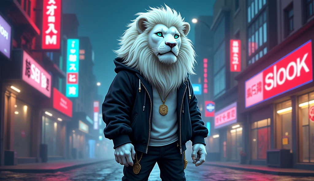 white lion with aquamarine mane, with aquamarine green eyes, cartoon style, full body, standing on two legs, with a black jacket and black pants that looks rapper style with an urban background accompanied by various advertising at night