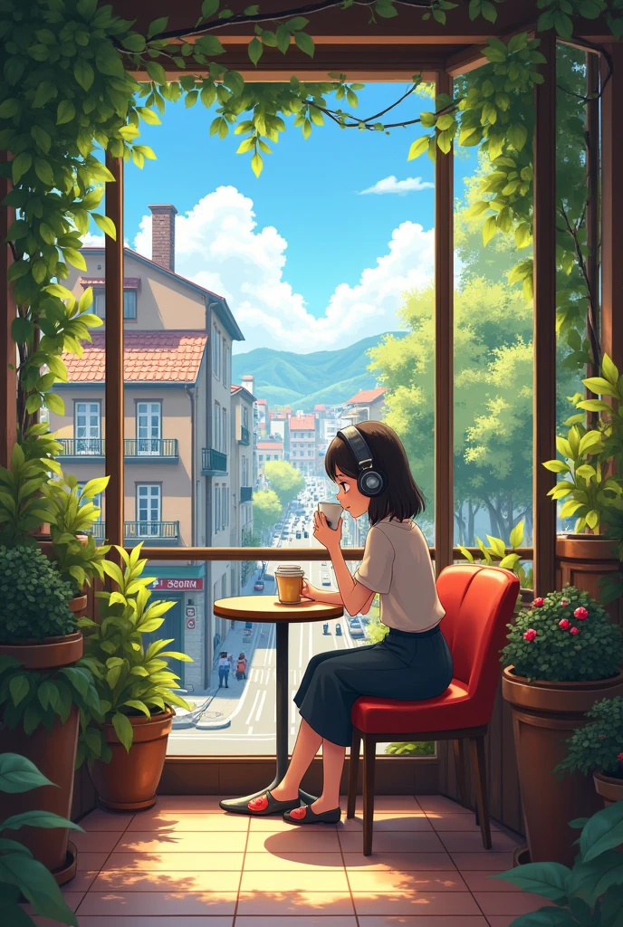 Urban cafe with terrace,Wide々and in a space with , Woman drinking coffee , I have headphones on , Studio Ghibli Animation , Warm sunshine , masterpiece