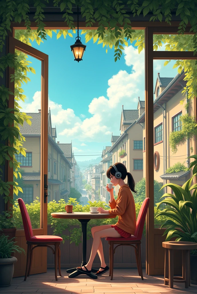 Urban cafe with terrace,Wide々and in a space with , Woman drinking coffee , I have headphones on , Studio Ghibli Animation , Warm sunshine , masterpiece