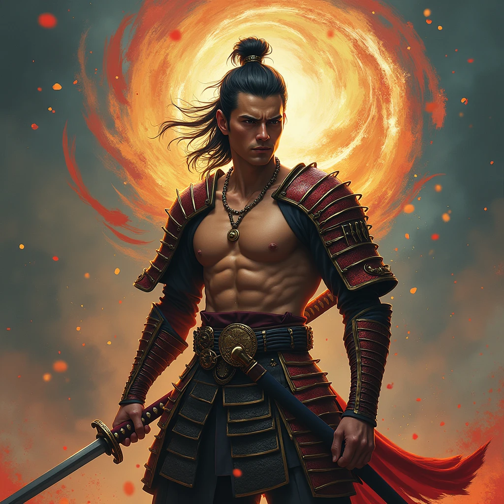 Pour créer l'image réaliste comme une photographie, imaginez une guerrier homme, vêtu d'une armure de samouraï torse nu. Il tien un katana japonai. Autour de lui, des couleurs tourbillonnent qui accentuent sa présence unique et joyeuse. L'arrière-plan contient son nom " Grey Gay ", qui est inscrit en lettres gothiques, ajoutant une touche mystérieuse à l'ensemble de l'image. Cette composition évoque à la fois la fougue et la singularité de ce personnage exitant.