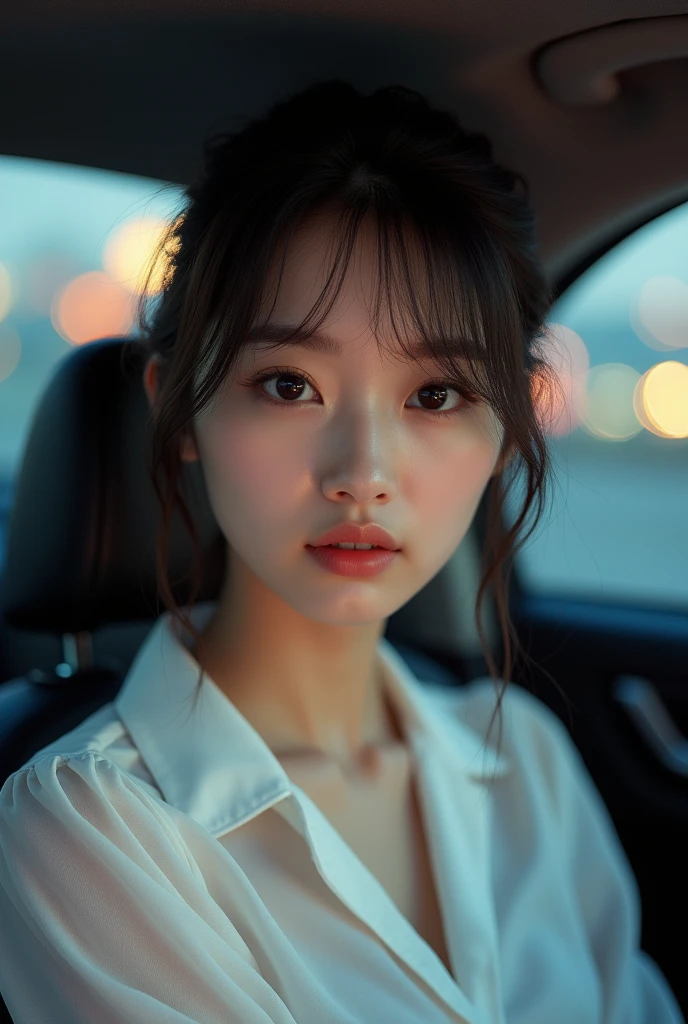 masterpiece、1 beautiful girl、Detailed eyes、Highest quality, 超High resolution, (reality: 1.4), Cinema Lighting、Japanese、Asian Beauty、Korean、Super Beauty、Beautiful Skin、thin、Body facing forward、(Surreal)、(High resolution)、(8k)、(Very detailed)、(Beautiful and detailed)、(Very detailedな)、 (wallpaper)、Detailed face、Bright lighting、Professional Lighting、View your viewers、Look straight ahead、The clothing is a beautiful white shirt and dress......、46 point diagonal bangs、Night view、Brown Hair、Nogizaka Idol、Korean Idol、Burning idol pose、、Age 25、expensive,sitting in the passenger seat of a car