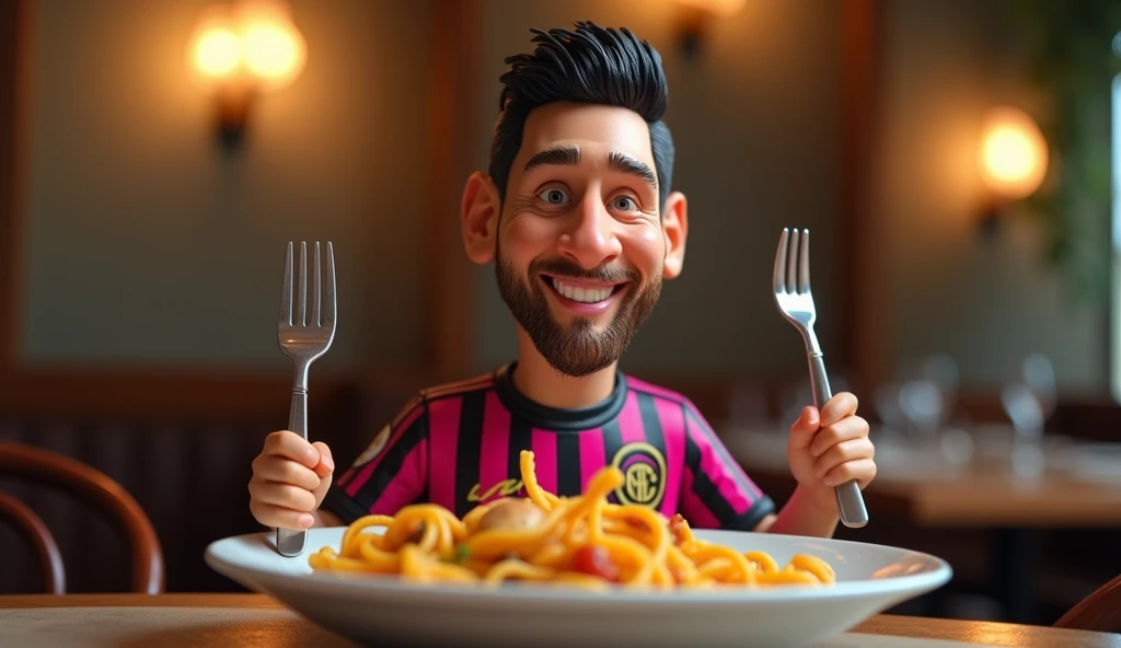 MINIATURE FOR YOUTUBE IN A CARICATURE OF LEONEL MESSI IN A PINK UNIFORM OF INTER MIAMI CF, IN A RESTAURANT EATING PASTA