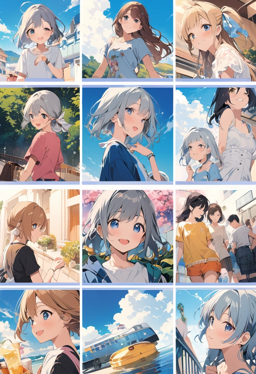 (masterpiece, best quality:1.1), A girl cheerfully walking a long corridor with many pictures of Summer memories photos,tween,detailed face and hand,smile,wearing cold-shoulder cropped tee,collage artwork, nostalgic melancholic artwork, collage art, photo collage, inspired by Hiroshi Nagai cmyk palette,illustration by Hisashi Eguchi, collage art background, a contemporary artistic collage,(blue outline),