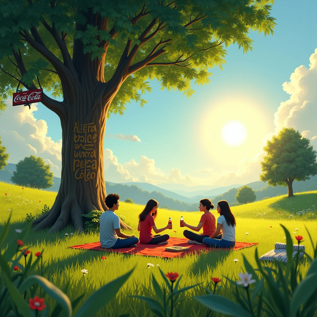 Scene: Natural Landscape
Description: A beautiful landscape with a blue sky and radiant sun, where people are enjoying a picnic. On a tree, there's a carving that says "Always Coca-Cola." Nearby, there's a subtle but clear sign that says "Fuera Petro."
Atmosphere: Natural, green and golden tones, a feeling of peace.
Central element: People sharing a Coca-Cola under the sun.
Text: "Always Coca-Cola, Fuera Petro" carved into the tree.