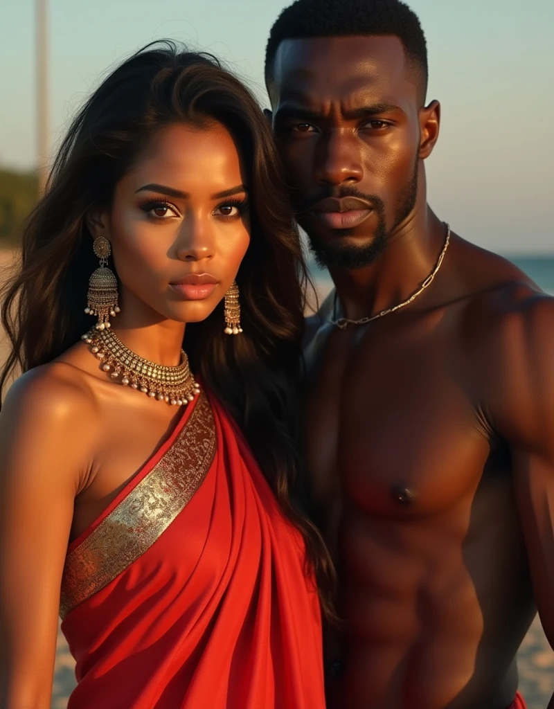beautiful detailed eyes, beautiful detailed lips, extremely detailed eyes and face, long eyelashes, 1girl, 1man, indian woman in tight saree, sexy saree, muscular african man, full body, outdoor, front pose, dynamic lighting, golden hour, vivid colors, cinematic, epic scale, hyper detailed, (best quality,4k,8k,highres,masterpiece:1.2),ultra-detailed,(realistic,photorealistic,photo-realistic:1.37)