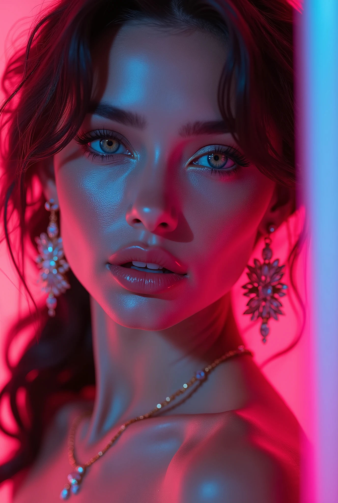a highly detailed, hyperrealistic portrait of a woman, beautiful detailed eyes, beautiful detailed lips, extremely detailed face and skin, long eyelashes, intricate jewelry, neon gradient background, dramatic studio lighting, 8k, photorealistic, masterpiece, vibrant colors