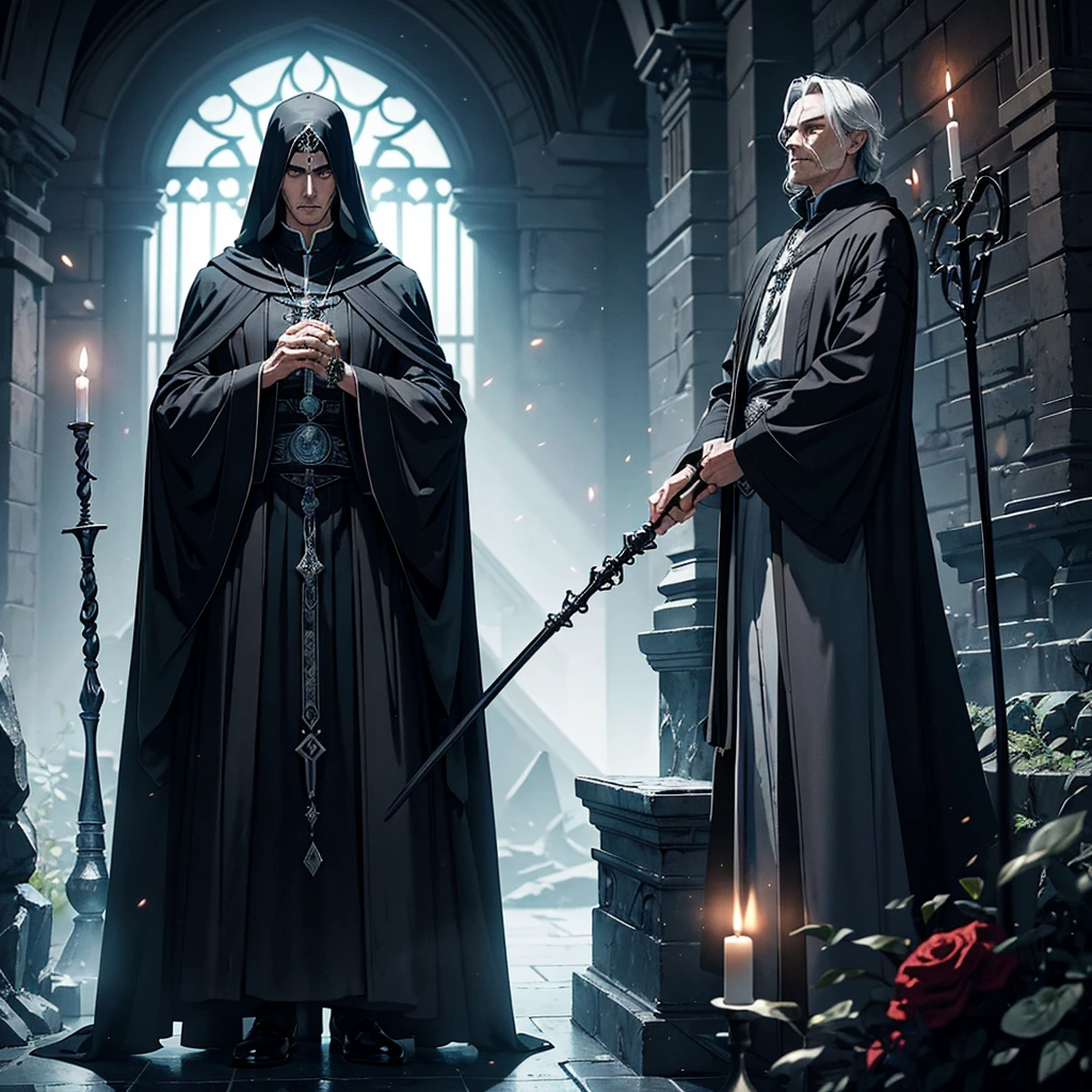 Create an illustration of a character named Salazar, a tall and imposing man standing at 2.10 meters in height, with an aura of authority. He is dressed in a long, priest-like black robe adorned with intricate white details. Salazar appears to be around 5, with a strong, adult build. His long hair flows down, adding to his commanding presence. His expression should convey a sense of calm control, as if everything is unfolding according to his plan. His posture is confident, exuding a quiet power. For accessories, Salazar is adorned with subtle yet menacing elements. A dark, ominous ring on one hand and a silver pendant with an intricate, mystical symbol hang around his neck. He holds a staff with a crystal orb that emanates a faint, eerie glow, symbolizing his connection to dark powers. The setting is a secretive, shadowy chamber within a grand, mysterious castle. The walls are lined with dark, ancient stone, adorned with arcane symbols. There’s a ritualistic altar at the center, surrounded by dimly lit candles casting flickering shadows. This is the hidden sanctuary where Salazar conducts his dark rituals and commands his secret order.