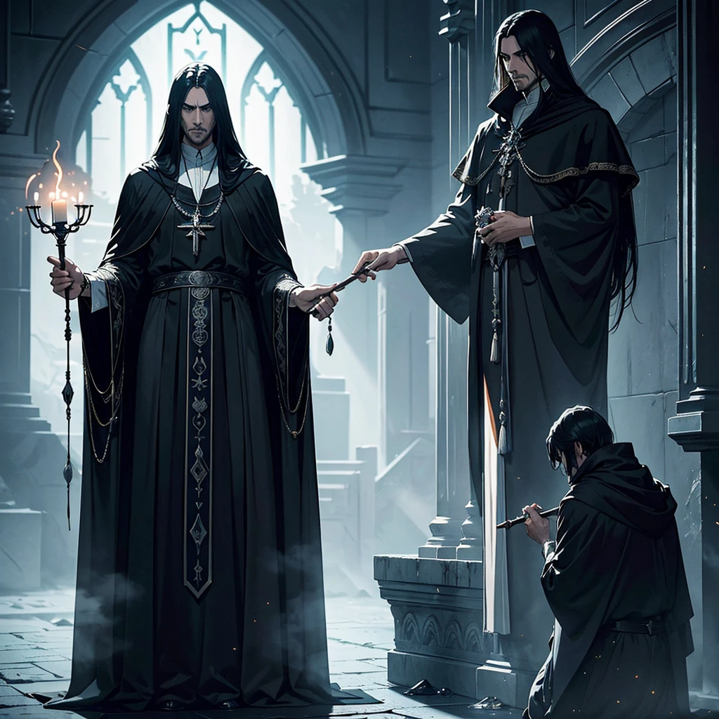 Create an illustration of a character named Salazar, a tall and imposing man standing at 2.10 meters in height, with an aura of authority. He is dressed in a long, priest-like black robe adorned with intricate white details. Salazar appears to be around 5, with a strong, adult build. His long hair flows down, adding to his commanding presence. His expression should convey a sense of calm control, as if everything is unfolding according to his plan. His posture is confident, exuding a quiet power. For accessories, Salazar is adorned with subtle yet menacing elements. A dark, ominous ring on one hand and a silver pendant with an intricate, mystical symbol hang around his neck. He holds a staff with a crystal orb that emanates a faint, eerie glow, symbolizing his connection to dark powers. The setting is a secretive, shadowy chamber within a grand, mysterious castle. The walls are lined with dark, ancient stone, adorned with arcane symbols. There’s a ritualistic altar at the center, surrounded by dimly lit candles casting flickering shadows. This is the hidden sanctuary where Salazar conducts his dark rituals and commands his secret order.