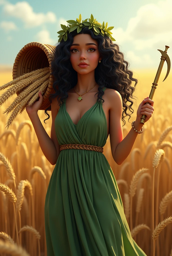 Goddess wearing green dress with sleeves, curly black hair, laurel wreath, carrying on his shoulder a cornucopia of wheat stalks, holding in his right hand a small golden sickle, in the middle of the wheat field.