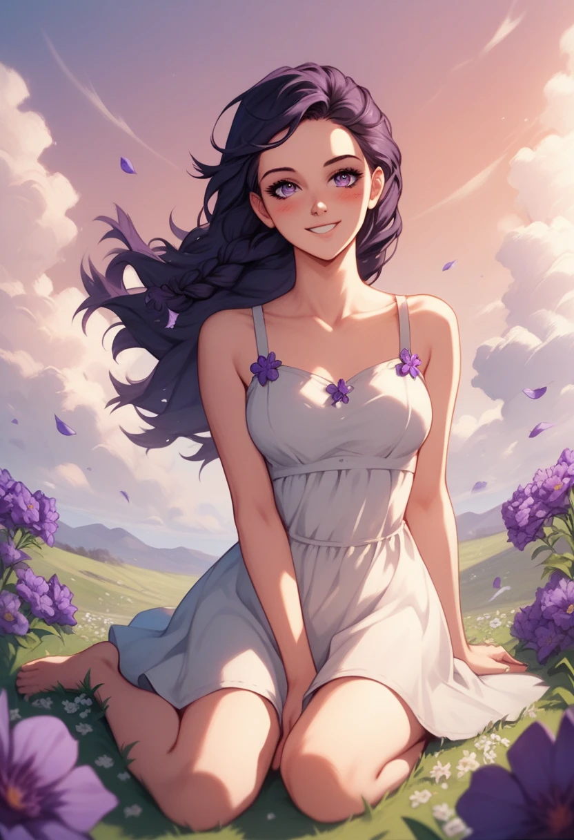 (masterpiece), 1girl, 1women, solo focused, expressive eyes, innocent smile, large purple sparking eyes, field of purples flowers, valley, purple flower in ear, smiling, slender figure, beautiful valley, wind, long black hair, violet eyes, braided hair, wind blowing, hair flying, twilight, sunset, beautiful scenery, clouds, sitting on the ground, flower fired, blushing, looking at viewer, seating next to viewer POV, holding flowers, beautiful sundress, barefoot
