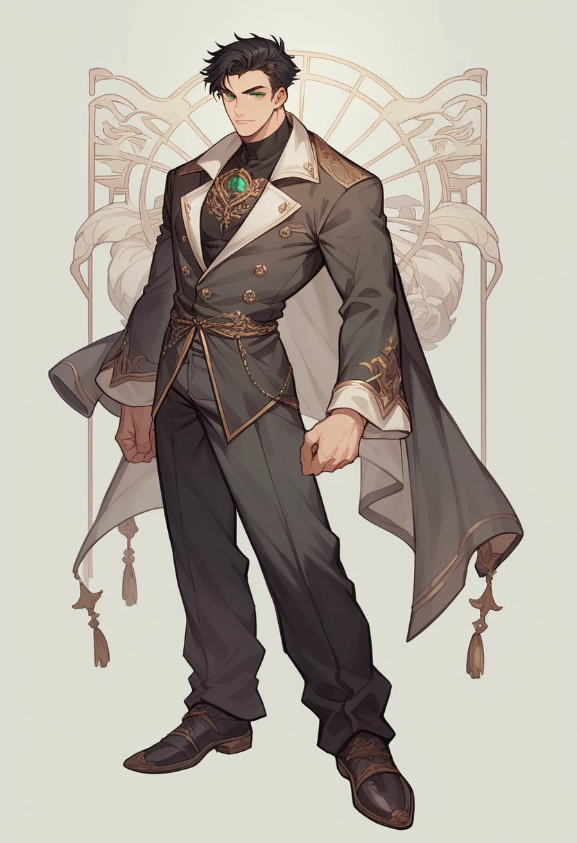 A man, dressed up in ouji fashion, tall with long black hair and sly green eyes. He looks confident and refined, he has moles on his face. A full body photo