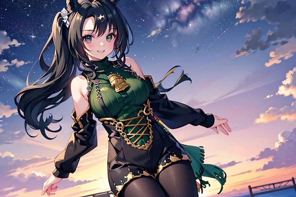 Highest quality、Highest quality、Highest Resolution、masterpiece、Anime painting、solo、、Beautiful adult woman with horse ears and black hair、Beautiful breasts、Beautiful body、Touch your head with your hand、lipstick、smile、teeth、Shoulder less、Green turtleneck、Shorts、pantyhose、、Night Sky、Strong winds、Chest centered、Position right
