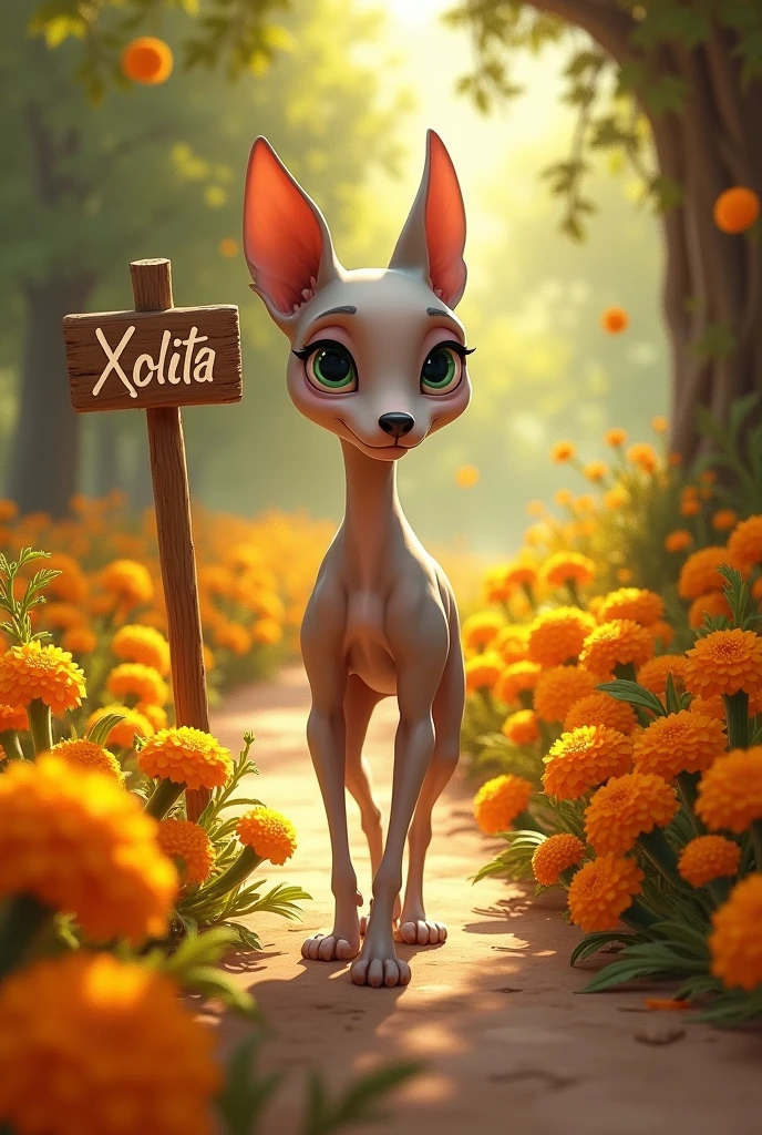 Female Xoloizcuintle, disney style, on a path of marigolds, sign that says Xolita