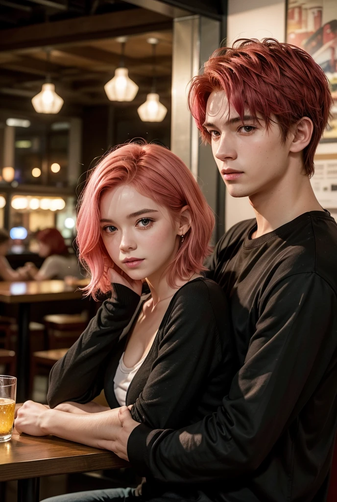 create the image of a couple at night in a restaurant, a young adult man with short straight pink hair and a young adult woman with red hair