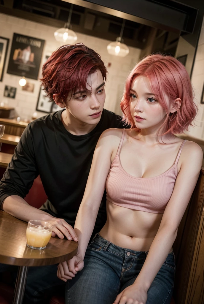 create the image of a couple at night in a restaurant, a young adult man with short straight pink hair and a young adult woman with red hair 