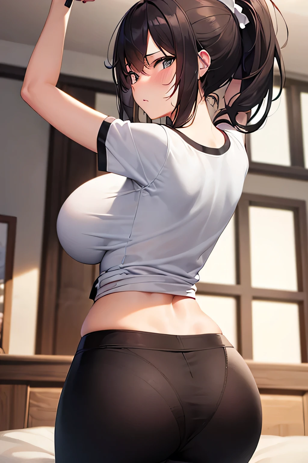 Super beautiful illustrations, Vibrant colors, masterpiece, Clear focus, best quality, Depth of Field, Movie Lighting, Extremely detailed, blush, 肚Umbilical cord, Umbilical cord , abdomen, Yoga girl,, 1 Girl, look down, White T-shirt, Black Yoga Pants, Very long high ponytail, Messy hair, Dark brown hair, indoors, Mature woman, 1 Girl, Hairpin,, Capillary, Yoga Pants,White T-shirt, Big Breasts,Fat buttocks,Meat Leg, angry,