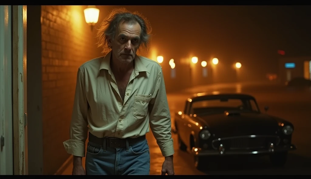 A nostalgic screenshot from a 1980s horror film directed by surrealist mastermind David Lynch, capturing an eerie, dimly lit atmosphere of a middle-aged man with thin, pale skin, dark circles under his sunken eyes, and a disheveled hairstyle. disheveled. , entering a hotel, dressed in a worn and wrinkled white shirt and faded high-waisted pants. blue jeans, a beautiful black vintage car appears in the hotel parking lot in the background, the entire scene is bathed in a warm, golden light with an underlying sense of unease, evoking a sense of cinematic dread, with a prominent film grain texture that contributes for the retro, analogue aesthetic, as if ripped straight from a VHS tape.