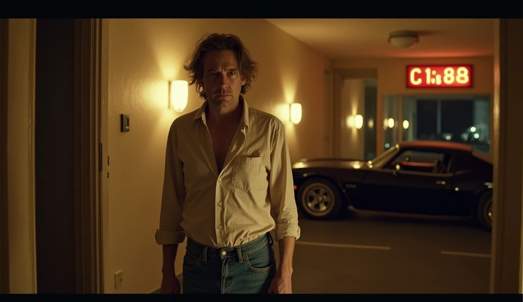 A nostalgic screenshot from a 1980s horror film directed by surrealist mastermind David Lynch, capturing an eerie, dimly lit atmosphere of a middle-aged man with thin, pale skin, dark circles under his sunken eyes, and a disheveled hairstyle. disheveled. , entering a hotel, dressed in a worn and wrinkled white shirt and faded high-waisted pants. blue jeans, a beautiful black vintage car appears in the hotel parking lot in the background, the entire scene is bathed in a warm, golden light with an underlying sense of unease, evoking a sense of cinematic dread, with a prominent film grain texture that contributes for the retro, analogue aesthetic, as if ripped straight from a VHS tape.