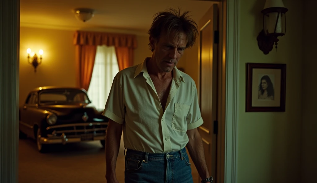 A nostalgic screenshot from a 1980s horror film directed by surrealist mastermind David Lynch, capturing an eerie, dimly lit atmosphere of a middle-aged man with thin, pale skin, dark circles under his sunken eyes, and a disheveled hairstyle. disheveled. , entering a hotel, dressed in a worn and wrinkled white shirt and faded high-waisted pants. blue jeans, a beautiful black vintage car appears in the hotel parking lot in the background, the entire scene is bathed in a warm, golden light with an underlying sense of unease, evoking a sense of cinematic dread, with a prominent film grain texture that contributes for the retro, analogue aesthetic, as if ripped straight from a VHS tape.
