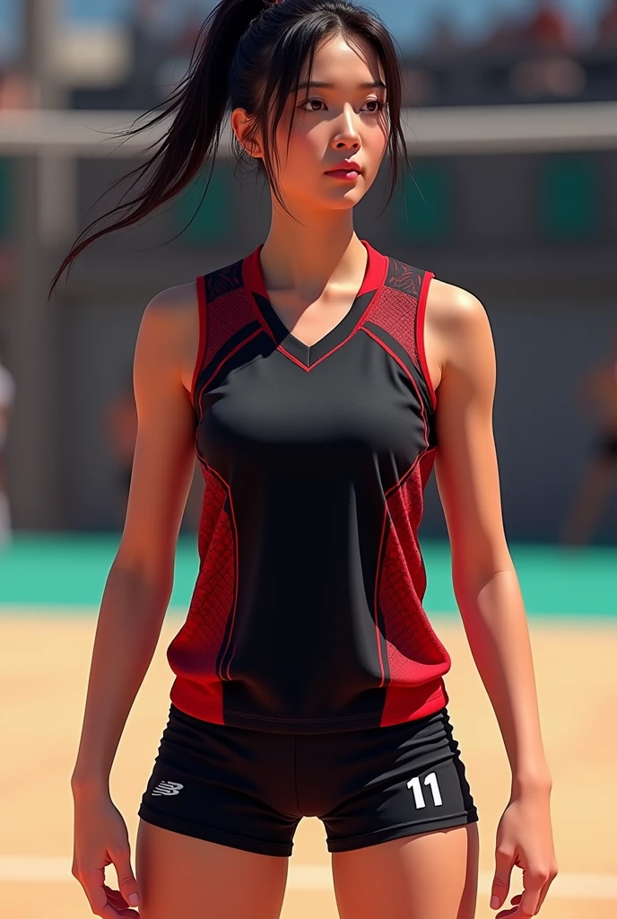 A women&#39;s volleyball uniform, Sleeveless based on the Japanese uniform design black with red details 