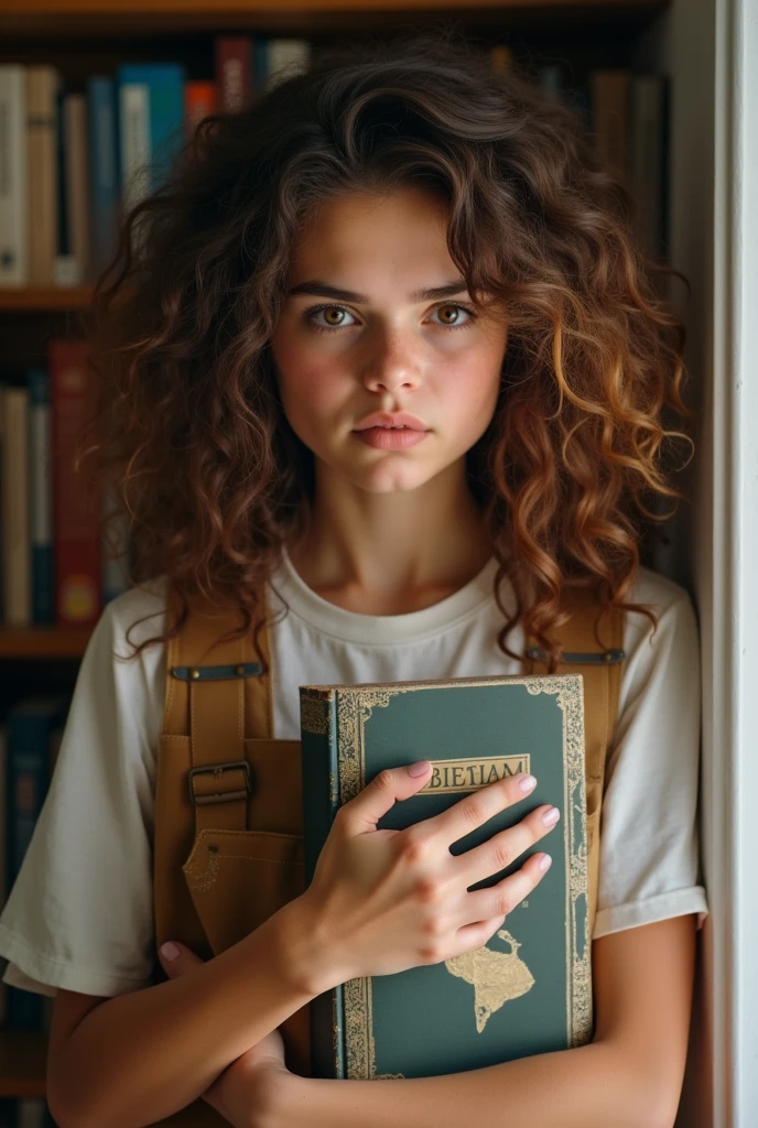 Woman of , brown curly hair type 4c medium, Round face, full cheeks, eyes browns, in American college clothes, dainty, with an angry look, fearful, with books in your hands