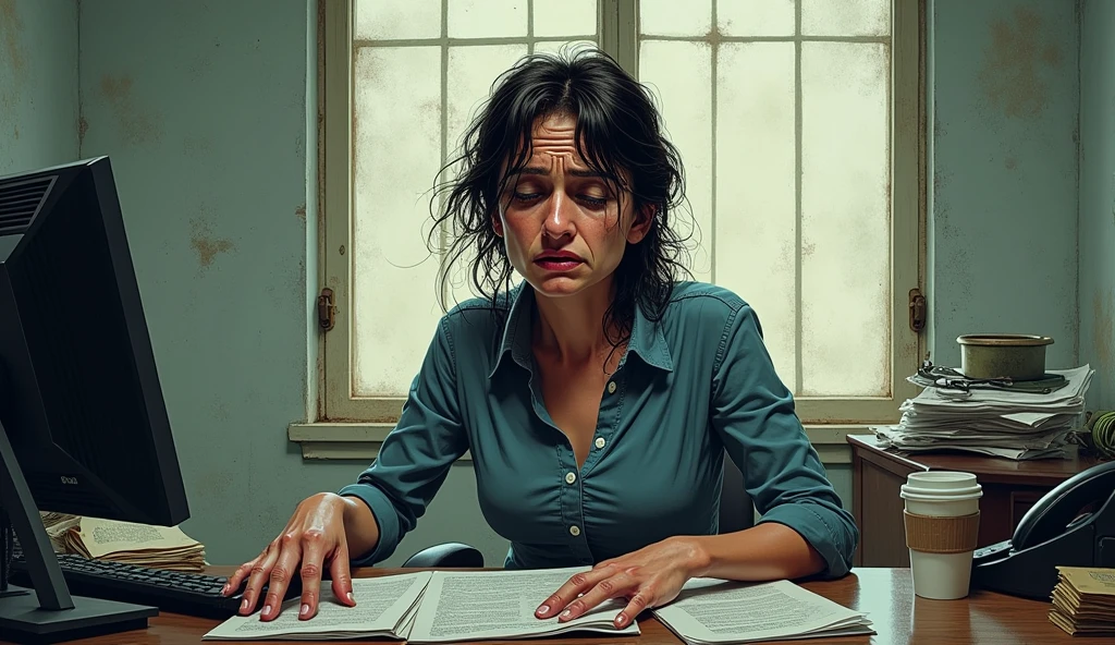 Create a distorted dramatic illustrative image of someone exhausted in their work environment, who can no longer stand working in his underemployment as a receptionist. 