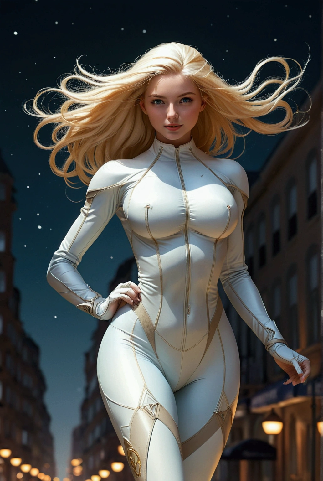 blonde girl, skin very white, light blue eyes, parts, combed back with a ponytail, with athletic body, Large and round breasts, wasp waist, With curves, big and full ass that stands out, white low cut leather suit