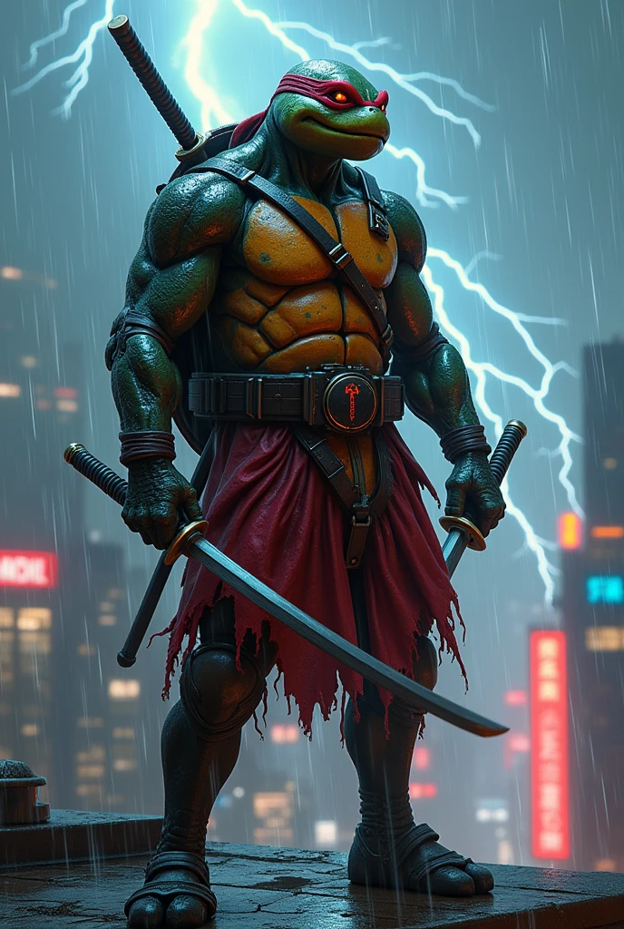 (photorealism:1.2), A gritty, cyberpunk digital painting of a bio-organic ninja turtle, a fusion of Deadpool and Leonardo. The creature is standing on a rooftop, overlooking a neon-lit metropolis. It's wearing a tattered red and black gi, and wielding twin katanas. Its left eye is a glowing cybernetic implant, and its turtle shell is covered in intricate circuitry. The background is filled with rain and lightning, creating a dramatic atmosphere.
