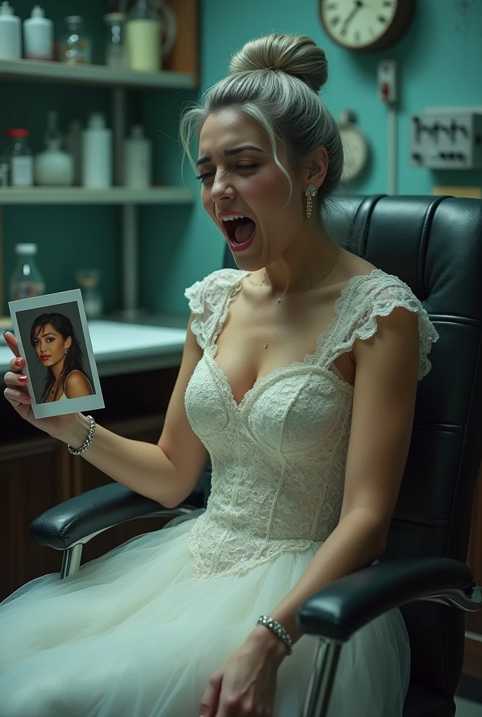 A beautiful youthful looking her hair graying but still very sexy gray haired Hispanic version of Ariana Grande wearing a wedding dress now a prisoner of a evil scientist the male evil scientist her hair graying her long hair now graying she has a donut bun hairstyles hairstyle and she is aging because the male evil scientist standing next to her is given her a injection that is aging her up she looks like she is in pain and she screaming in pain and she is in a lab tied up to a chair she is holding a photo of a younger looking of herself before her life force was drain wearing the same wedding dress with the same hair style But hair hair was black