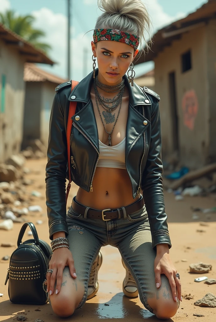 russian milf woman, grey hair (high pouf, top bun, shaved sides), colourful bandana as headband, with very light blue eyes, extremely pale skin. Wearing cropped aged black moto jacket with lots of zippers and pins, flipped up collar. Worn skinny dark low rise blue jeans with patches, wet knees. Black and red tight push up bra, Dirty White tennis sneakers. Chain around hips like belts. Dirty knees, dirty feet and muddy hands. Wide studded belt. Squatting on a puddle with hands on her hips, looking up, chin up, stretching her neck , humble facial expression. Black nail polish. studded black leather tote bag with chain on the floor, next to her.. Listening looking up in amazement to somebody speaking to her from the sky, upper teeth visible. Well toned abdominals, thin neck, slim legs and thin arms. Narrow hips Cleavage, stomach, neck, tigh and hands completely covered with tattoos. Dirt street in Kenyan village full of waste. A lot of tanned fat women in traditional dresses around looking at her. next to her, all her belongings scattered on the floor: tobacco packs, makeup kit, little makeup mirror, studded black leather tote bag, lipstick, wallet, moble etc on the floor, point of view; from above