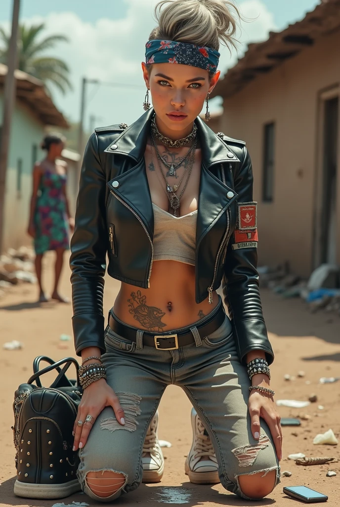russian milf woman, grey hair (high pouf, top bun, shaved sides), colourful bandana as headband, with very light blue eyes, extremely pale skin. Wearing cropped aged black moto jacket with lots of zippers and pins, flipped up collar. Worn skinny dark low rise blue jeans with patches, wet knees. Black and red tight push up bra, Dirty White tennis sneakers. Chain around hips like belts. Dirty knees, dirty feet and muddy hands. Wide studded belt. Squatting on a puddle with hands on her hips, looking up, chin up, stretching her neck , humble facial expression. Black nail polish. studded black leather tote bag with chain on the floor, next to her.. Listening looking up in amazement to somebody speaking to her from the sky, upper teeth visible. Well toned abdominals, thin neck, slim legs and thin arms. Narrow hips Cleavage, stomach, neck, tigh and hands completely covered with tattoos. Dirt street in Kenyan village full of waste. A lot of tanned fat women in traditional dresses around looking at her. next to her, all her belongings scattered on the floor: tobacco packs, makeup kit, little makeup mirror, studded black leather tote bag, lipstick, wallet, moble etc on the floor, point of view; from above