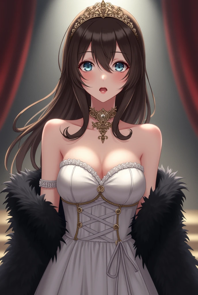 Fumika Sagisawa, 1 girl, Alone, look, pendant look, blue eyes, old, gloves, tiara, dress, by the wide, neckline, looking at the viewer, white gloves, bare shoulders, open mouth, large old, Strapless, choker, blush, white dress, black fur, Brown hair, hair between the eyes, Strapless dress, clavicle, smile, hits, on the stage,