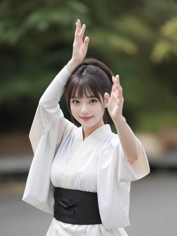 Photo-realistic quality、A 20-year-old woman wearing an Awa Odori dance costume is dancing., White kimono、White Arms、 Japanese Model, Traditional Japanese Kimono Japanese Bon Odori, looking at the camera、Detailed and beautiful eyes、Cute smile、A soft and gentle look、Catchlight in the eyes、Professional Lighting