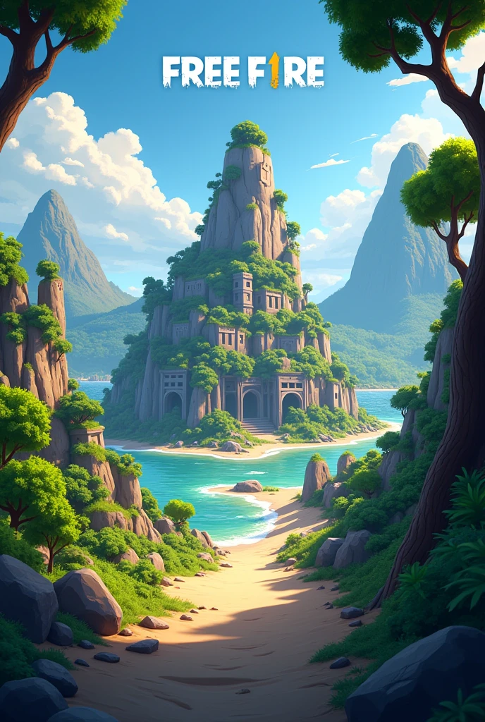'Generate in cinematic 3d cartoon style " With Ravi The tournament island: A wide view of a mysterious, rugged island with dense forests, mountains, and abandoned buildings, where the Free Fire tournament is about to take place. Free fire Text on background