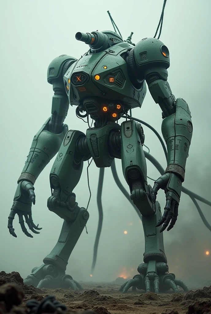 A war machine with three legs, tentacles, lights and a technological weapon that kills people with lasers