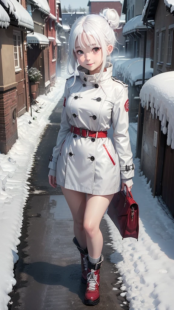 1 girl, Young Girls,Short Girl , very young,White hair, photorealistic anime girl, Smile, ((Revealing clothes, Trench coat , have, Red, cut out, White )), snow coveRed streets, Snowfall, Double bun,permanent