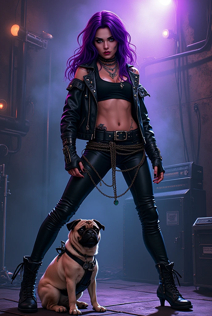 Purple haired goth warrior comic lead singer with pug