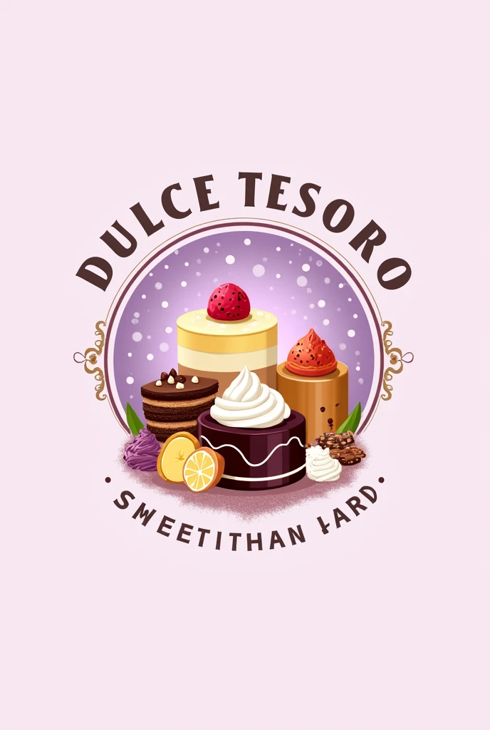 A logo for my dessert business called Dulce tesoro. I want it to be lilac, yellow and white. Have brownies, chocoflan, cakes, cookies, etc. It's for my Instagram profile picture so it's circular with and without a name
