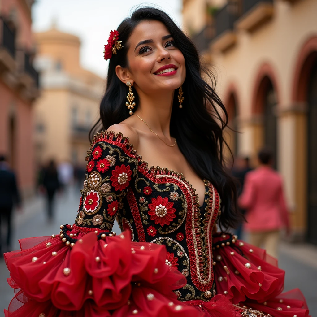 A high-fashion photograph of a brunette model guapa, smile, with black hair, wearing a stunning red, black and White, dress with a illusion neckline, mariposa sleeves with ranglan and volantes, a cinched waist with beaded and pasamanería details, and numerous large, voluminous flounces. The dress also features intricate 3D flowers in different parts of the dress.The dress is adorned couture dress made from vibrant fabric adorned with intricate floral patterns. The delicate embroidery masterfully blends a harmonious symphony of colors and textures, celebrating the artist's exceptional skill and attention to detail. The model wears loose curls and golden hairpins, as well as elegant, large flamenco earrings. She is captured in the Feria de Córdoba, looking skyward in a three-quarter profile. The essence of Cordobesa style.