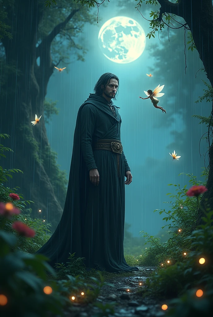 A magical man in a mysterious, dark forest, illuminated by the light of the moon, with a fairy flying in the rain, magical and mystical, with a magical book, an editing girl, and fairies, (best quality,4k,8k,highres,masterpiece:1.2),ultra-detailed,(realistic,photorealistic,photo-realistic:1.37),detailed portrait, detailed facial features, expressive eyes, intricate details, lush forest, moonlight, rain, magical atmosphere, fantasy, dreamlike, whimsical, vibrant colors, dramatic lighting