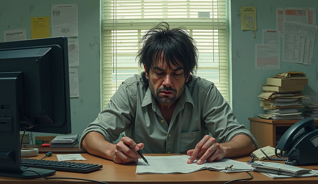 Create a distorted dramatic illustrative image of someone exhausted in their work environment, who can no longer stand working in his underemployment as a receptionist.