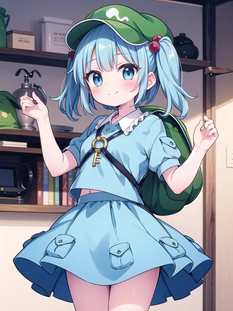1girl, masterpiece, best quality, perfect hands, smile, blush, closed mouth, blue eyes, kawashiro nitori, short twintails, hat, green hat, hair bobbles, backpack, key, cowboy shot, bare legs, puffy short sleeves, collared shirt, blue skirt, blue shirt, key, navel, midriff