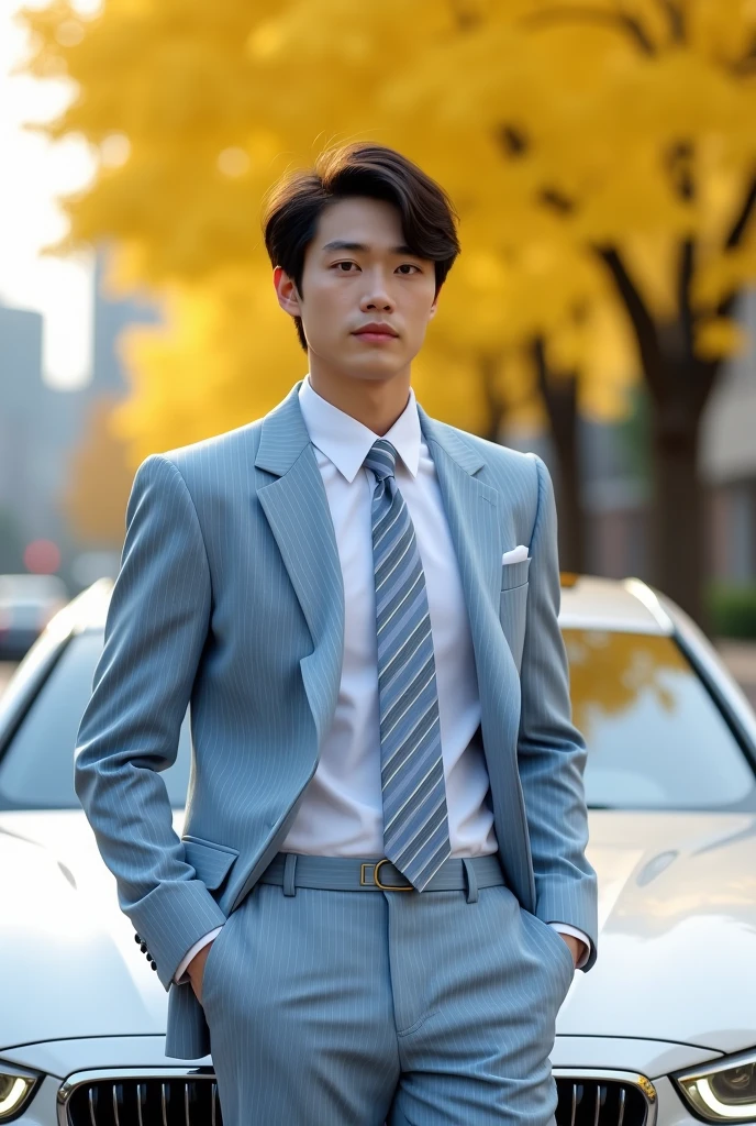 (One wearing a full light blue striped suit、White shirt、tie、Japanese man about 180cm tall)、best quality、masterpiece、Ultra-high resolution、(Photo realism:1.4)、original photo、(街道上One wearing a full light blue striped suit、White shirt、打tie的年輕英俊的日本男人、Standing under the ginkgo tree、Yellow and big ginkgo leaves、Clear details of leaves)、(There is a white BMW840I next to the man、Man&#39;s hands on car roof) shadow、Octane Rendering、8K、super sharp、real light、(There is only one white BMW on the street、man&#39;s shining eyes、looking in the direction of the camera)、super high quality、High target、gentleman、very beautiful hair、Bright photos、The man is as handsome as a model and as handsome as an idol,Professional profile photo, Professional portraits、Realistic portraits, Detailed color portrait, Idol portrait, high quality photos.