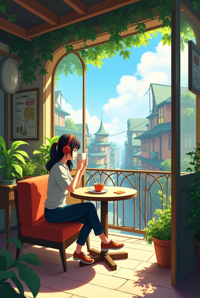 Urban cafe with terrace,Wide々and in a space with , Woman drinking coffee , I have headphones on , Studio Ghibli Animation , Warm sunshine , masterpiece
