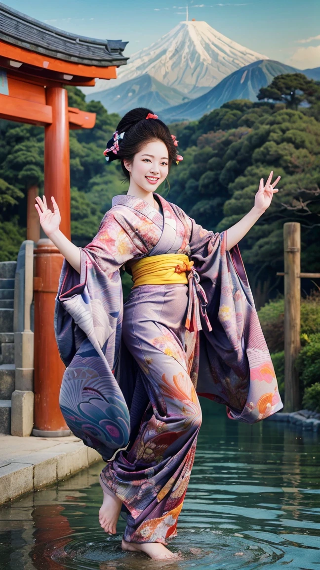 (SeaArt、I create amazing digital illustrations of beautiful women in kimonos)、Beautiful woman smiling and showing her upper white teeth、Vividly colored Ukiyo-e style illustrations、Brown-black long hair、Beautiful full body style、If you want to dance, Dance to the Tokyo Ondo, Good good、Beautiful new digital paintings,、 Bright and vibrant digital anime art、Beautiful anime portraits、Background、Torii gate of a Japanese shrine.、Detailed digital anime art、