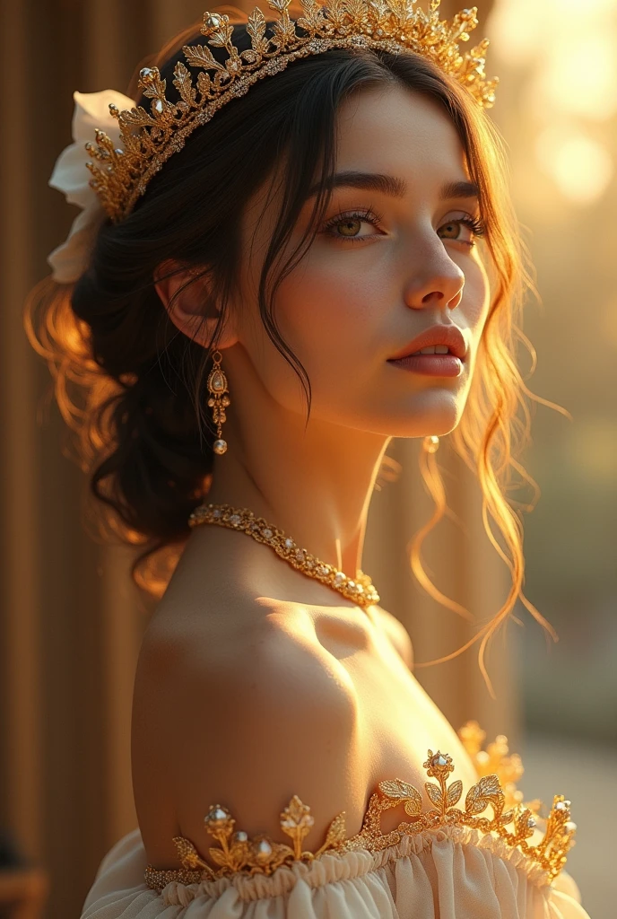 a beautiful woman with exceptional qualities, 1girl, detailed eyes, detailed lips, long eyelashes, elegant expression, flowing hair, cinematic lighting, golden hour, warm color tones, dreamlike atmosphere, intricate details, delicate features, serene expression, beautiful ornaments, fantasy setting, highly detailed, 8k, photorealistic, cinematic, masterpiece