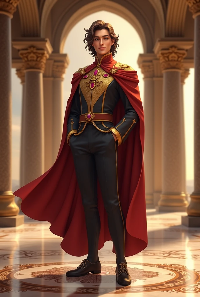 a prince with brown hair and golden eyes smiling, floor